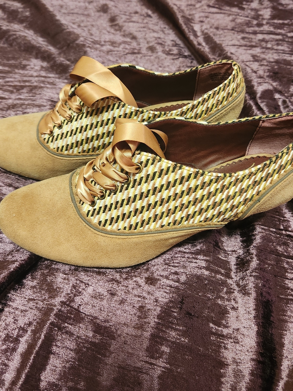 Poetic License Tan Suede Woven Oxford Heels with Satin Laces